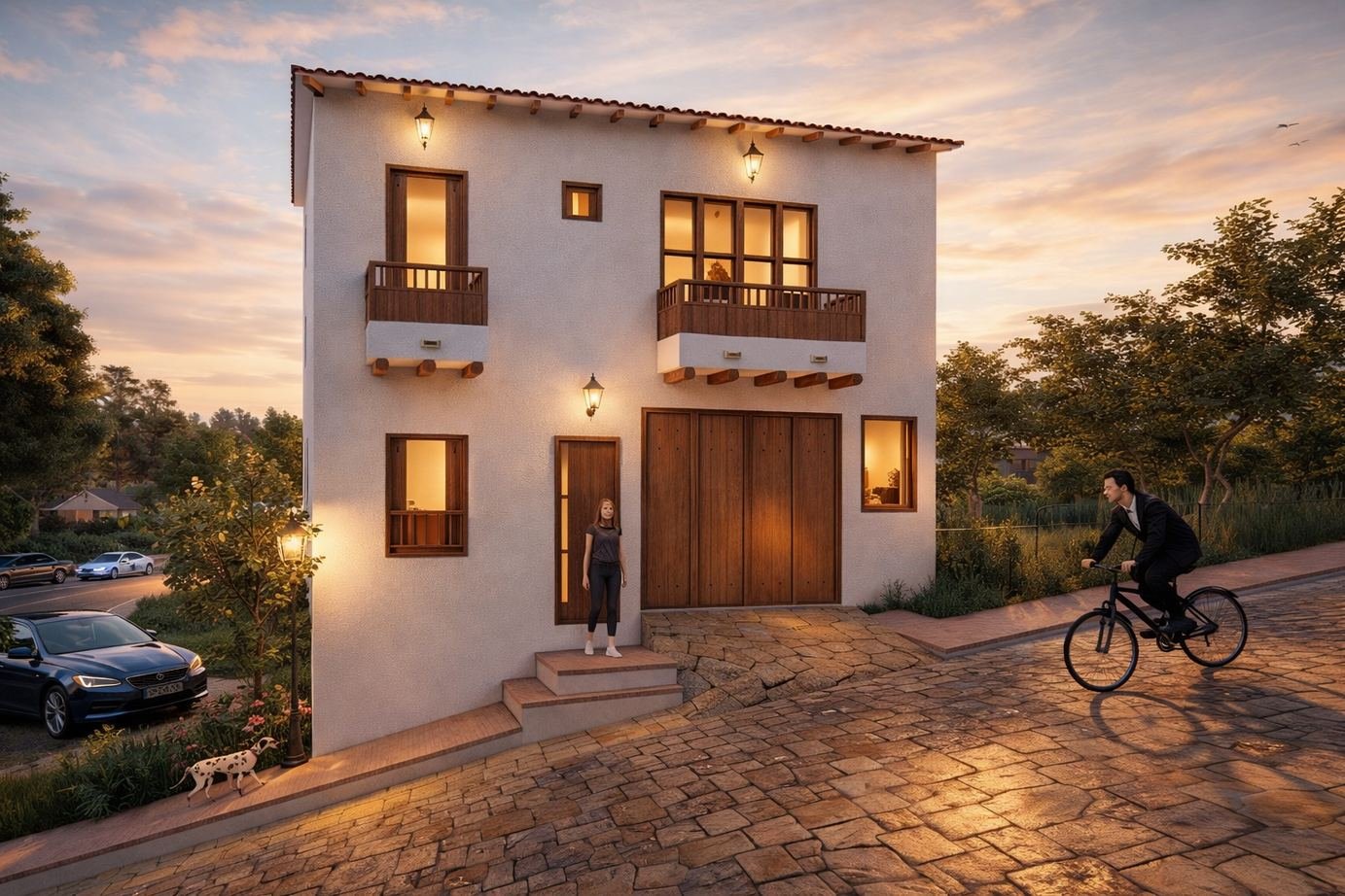 Casa en Villa-Santiago al atardecer, fachada colonial con balcones de madera