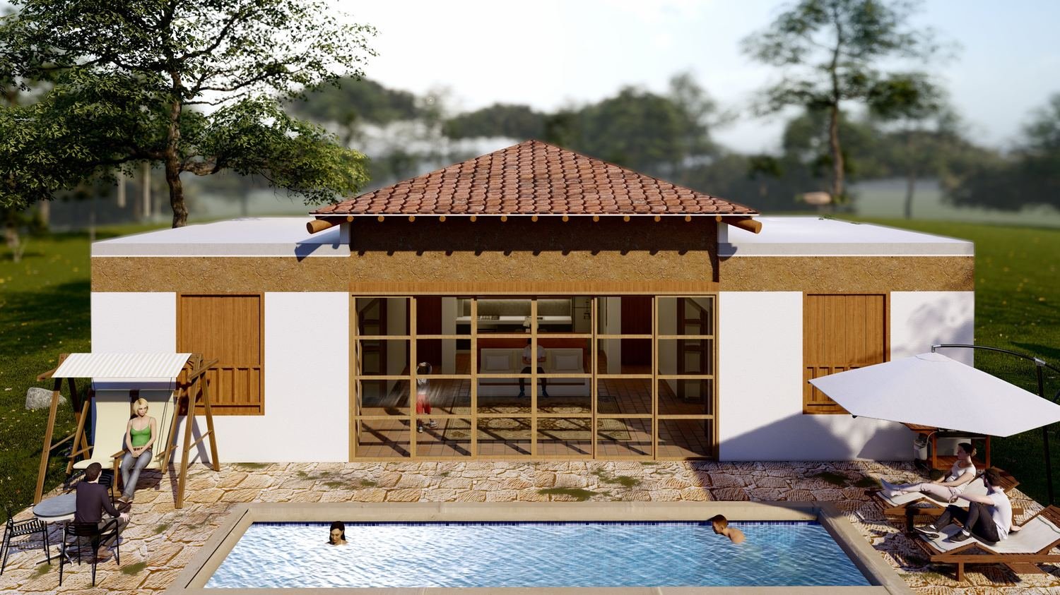 Casa Jhonathan, piscina y fachada al atardecer