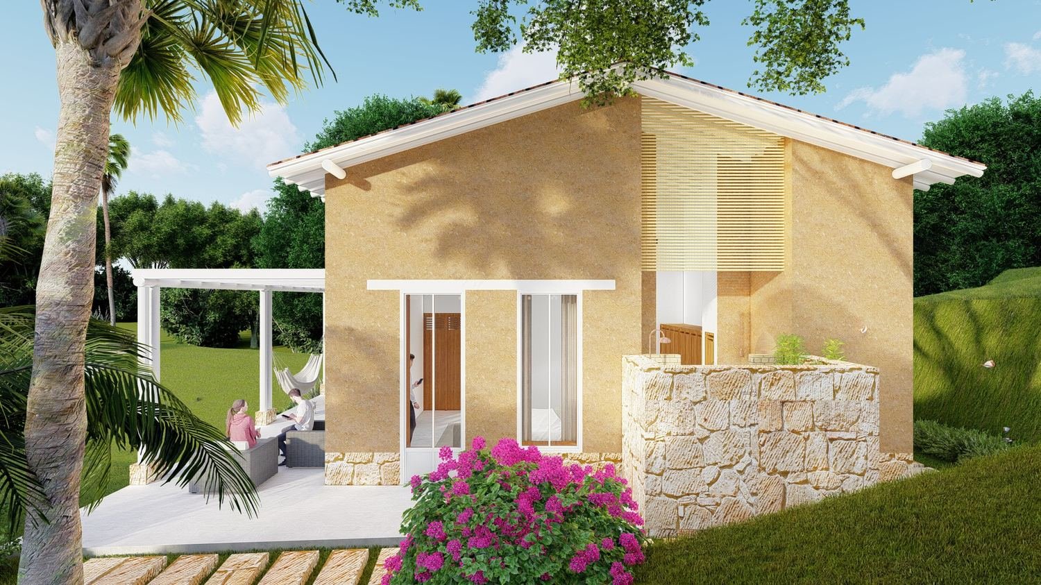 Proyecto Casa Taller, fachada con palmeras
